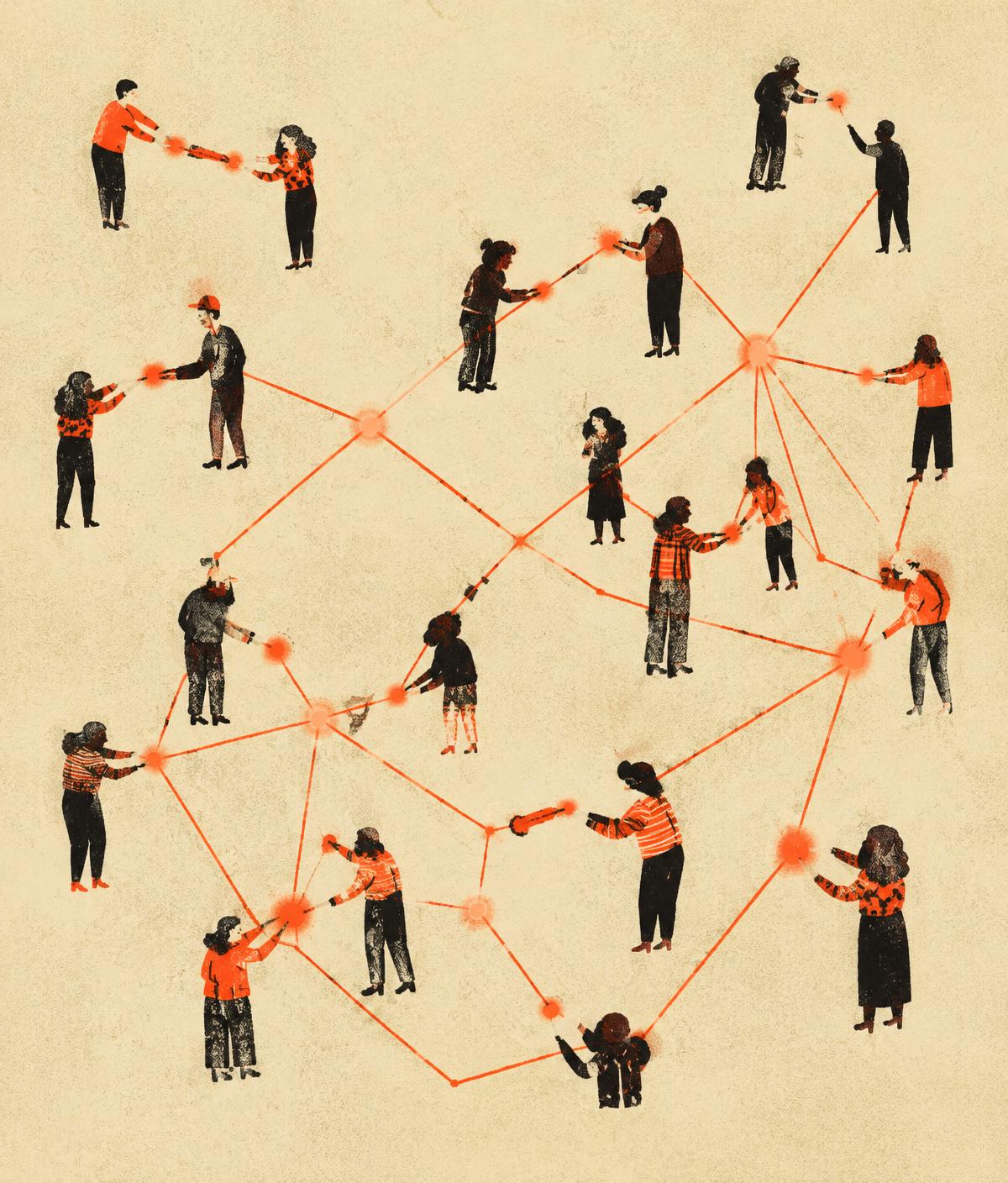 Hands passing threads to form a growing network